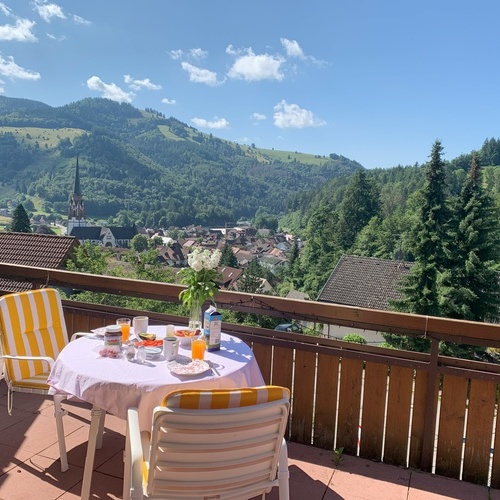 Blick vom Frühstückstisch auf dem Balkon auf Schönau und die umliegenden Wälder - Blick vom Frühstückstisch auf dem Balkon auf Schönau und die umliegenden Wälder -
